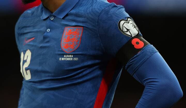 Mandatory Credit: Photo by JASONPIX Shutterstock (12600936z) England shirt with poppy armband England v Albania - UEFA European Qualifier Group Stage.Football, Wembley Stadium. UK. 12 NOV 2021 Editorial use only England v Albania - UEFA European Qualifier Group Stage.Football, Wembley Stadium. UK. 12 NOV 2021 Editorial use only  Copyright: xJASONPIX Shutterstockx 12600936z