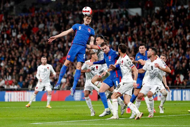England v Albania 2022 FIFA World Cup, WM, Weltmeisterschaft, Fussball Qualifiers John Stones of England heads for goal during the 2022 FIFA World Cup Qualifiers Group I match at Wembley Stadium, London Content Not Available For UK Newspapers Copyright: xPaulxChestertonx FIL-16101-0104