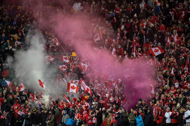 November 12, 2021, EDMONTON, AB, CANADA: Team Canada s fans cheer as they take on Costa Rica during first half World Cup qualifier soccer action in Edmonton on Friday, November 12, 2021. Canada News - November 12, 2021  - ZUMAc35_ 20211112_zaf_c35_050 Copyright: xJasonxFransonx