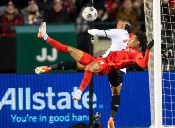 November 12, 2021, EDMONTON, AB, CANADA: Team Canada s Tajon Buchannan (11) kicks the ball against Costa Rica during second half World Cup qualifier soccer action in Edmonton on Friday, November 12, 2021. Tajon Buchannan  - ZUMAc35_ 20211112_zaf_c35_067 Copyright: xJasonxFransonx