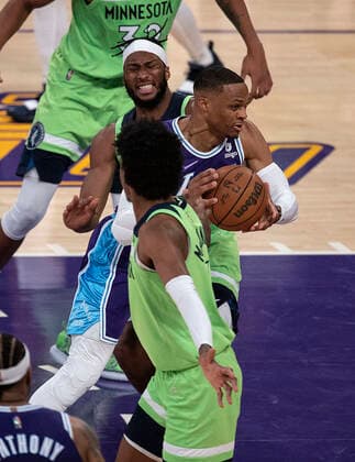 November 12, 2021, Los Angeles, California, USA: Russell Westbrook 0 of the Los Angeles Lakers drives to the basket during their regular season NBA, Basketball Herren, USA game with the Minnesota Timberwolves on Friday November 12, 2021 at the Staples Center in Los Angeles, California. Lakers lose to Timberwolves, 83-107. PI Los Angeles USA - ZUMAp124 20211112_zaa_p124_029 Copyright: xJAVIERxROJASx