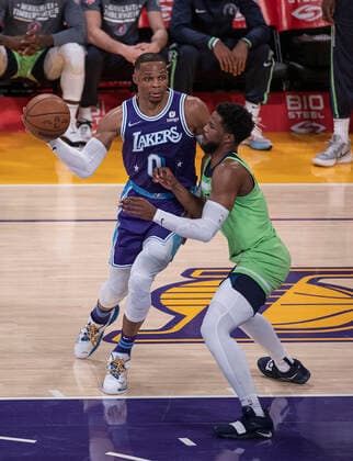 November 12, 2021, Los Angeles, California, USA: Malik Beasley 5 of the Minnesota Timberwolves defends against Russell Westbrook 0 of the Los Angeles Lakers during their regular season NBA, Basketball Herren, USA game on Friday November 12, 2021 at the Staples Center in Los Angeles, California. Lakers lose to Timberwolves, 83-107. PI Los Angeles USA - ZUMAp124 20211112_zaa_p124_030 Copyright: xJAVIERxROJASx