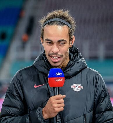 Leipzigs Yussuf Poulsen im Interview nach dem Spiel. Fussball 1. Bundesliga, 11. Spieltag: RB Leipzig - Borussia Dortmund 2:1. 6. November 2021: Leipzig, Red Bull Arena. RB Leipzig - Borussia Dortmund 2:1