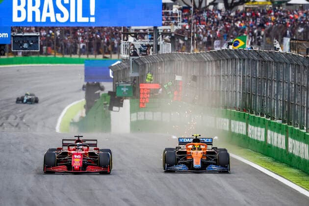 Sport Bilder des Tages 16 Charles Leclerc (MON, Scuderia Ferrari Mission Winnow), 4 Lando Norris (GBR, McLaren F1 Team), F1 Grand Prix of Brazil at Autodromo Jose Carlos Pace on November 13, 2021 in Sao Paulo, Brazil. (Photo by HOCH ZWEI) Sao Paulo Brazil