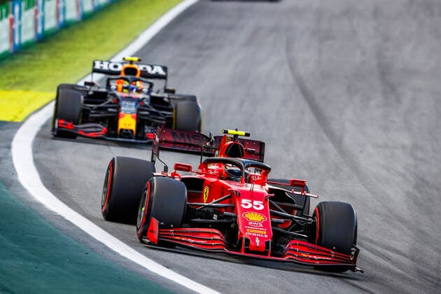 55 Carlos Sainz (ESP, Scuderia Ferrari Mission Winnow), 11 Sergio Perez (MEX, Red Bull Racing), F1 Grand Prix of Brazil at Autodromo Jose Carlos Pace on November 13, 2021 in Sao Paulo, Brazil. (Photo by HOCH ZWEI) Sao Paulo Brazil