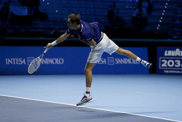 Mandatory Credit: Photo by Ella Ling Shutterstock (12602560n) Daniil Medvedev of Russia in action Nitto ATP, Tennis Herren Finals, Tennis, Turin, Italy - 14 Nov 2021 Nitto ATP Finals, Tennis, Turin, Italy - 14 Nov 2021  Copyright: xEllaxLing Shutterstockx 12602560n