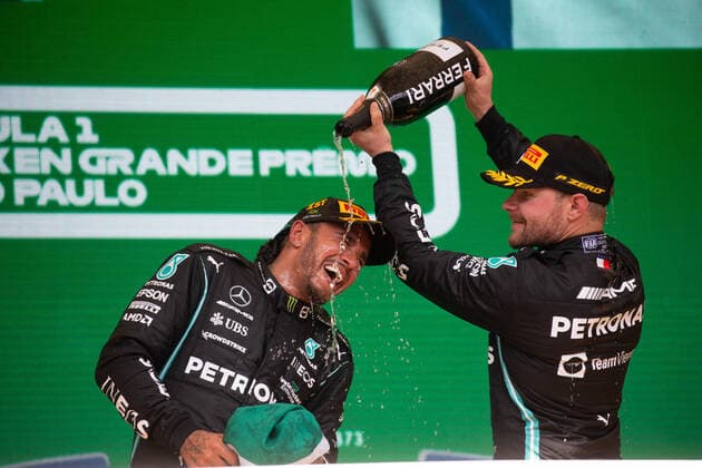 November 14, 2021, Sao Paulo, Sao Paulo, Brazil: LEWIS HAMILTON, of Mercedes AMG Petronas F1 Team and VALTTERI BOTTAS, of Mercedes AMG Petronas F1 Team, celebrate the 1st and 3rd place on 2021 Formula One Grand Prix of Sao Paulo at Interlagos circuit, on November 14, in Sao Paulo, Brazil. Sao Paulo Brazil - ZUMAl146 20211114_zaf_l146_021 Copyright: xPauloxLopesx