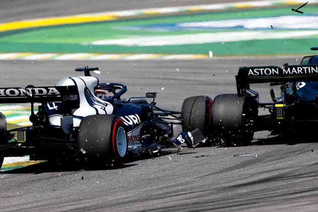 22 Yuki Tsunoda (JPN, Scuderia AlphaTauri Honda), 18 Lance Stroll (CAN, Aston Martin Cognizant F1 Team), F1 Grand Prix of Brazil at Autodromo Jose Carlos Pace on November 14, 2021 in Sao Paulo, Brazil. (Photo by HOCH ZWEI) Sao Paulo Brazil
