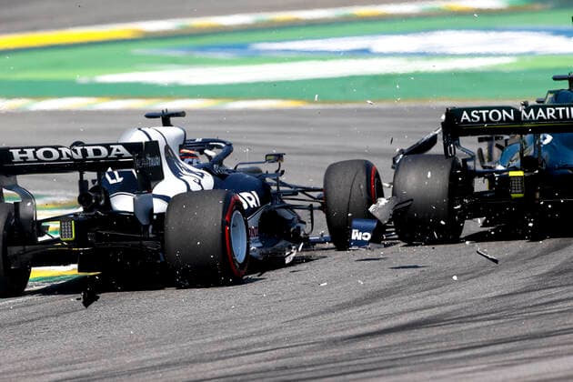 22 Yuki Tsunoda (JPN, Scuderia AlphaTauri Honda), 18 Lance Stroll (CAN, Aston Martin Cognizant F1 Team), F1 Grand Prix of Brazil at Autodromo Jose Carlos Pace on November 14, 2021 in Sao Paulo, Brazil. (Photo by HOCH ZWEI) Sao Paulo Brazil