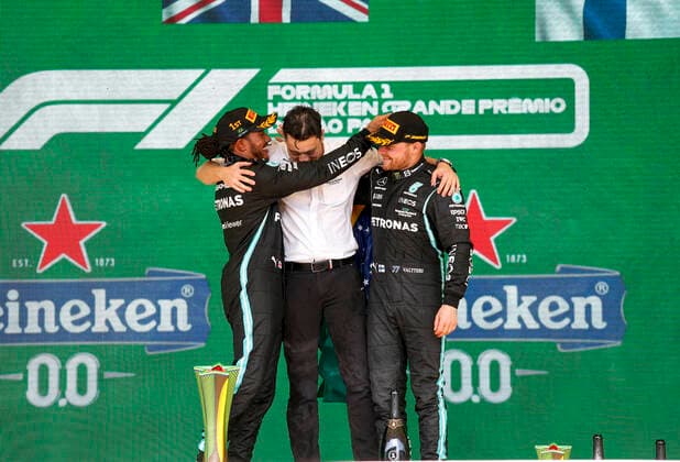 44 Lewis Hamilton (GBR, Mercedes-AMG Petronas F1 Team), Leonardo Donisete da Silva (Mercedes-AMG Petronas F1 Team), 77 Valtteri Bottas (FIN, Mercedes-AMG Petronas F1 Team), F1 Grand Prix of Brazil at Autodromo Jose Carlos Pace on November 14, 2021 in Sao Paulo, Brazil. (Photo by HOCH ZWEI) Sao Paulo Brazil