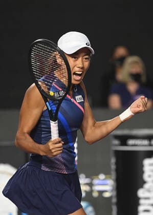 (211115) -- GUADALAJARA, Nov. 15, 2021 -- Zhang Shuai of China celebrates during the women s doubles round of 16 match between Zhang Shuai of China Samantha Stosur of Australia and Shuko Aoyama Ena Shibahara of Japan at the AKRON WTA, Tennis Damen Finals in Guadalajara, Mexico, on Nov. 14, 2021. (Photo by Regina Cortina Xinhua) (SP)MEXICO-GUADALAJARA-TENNIS-WTA FINALS-DOUBLES XinxYuewei 