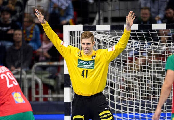 Torwart Joel BIRLEHM (GER) Aktion, Tag des Handballs, Laenderspiel der Maenner, Freundschaftsspiel, Deutschland (GER) - Portugal (POR) 30:32, am 07.11.2021 in Duesseldorf Deutschland. Â