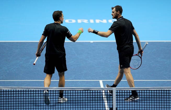 Mandatory Credit: Photo by Ella Ling Shutterstock (12603333n) Jamie Murray of GB and Bruno Soares of Brazil in action Nitto ATP, Tennis Herren World Tour Finals, Day 2, Tennis, Pala Alpitour, Turin, Italy - 15 Nov 2021 Nitto ATP World Tour Finals, Day 2, Tennis, Pala Alpitour, Turin, Italy - 15 Nov 2021 Copyright: xEllaxLing Shutterstockx 12603333n