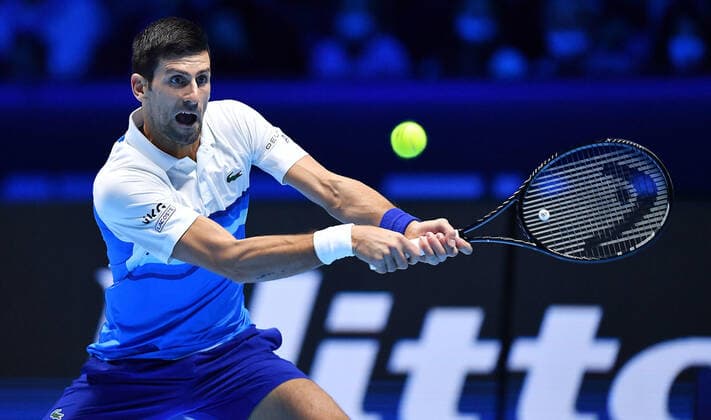 November 15, 2021, TORINO, Italia: Novak Djokovic of Slovakia returns the ball during the match against Casper Ruud of Noreay at the Nitto ATP, Tennis Herren Finals in Turin, Italy, 14 November 2021.ANSA ALESSANDRO DI MARCO Tennis: Nitto ATP Finals in Turin  - ZUMAa110 20211115_zaf_a110_040 Copyright: xAlessandroxDixMarcox