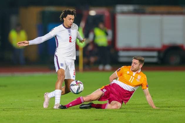 San Marino v England FIFA World Cup, WM, Weltmeisterschaft, Fussball Qualifier 15 11 2021. Marcello Mularoni of San Marino tackles Trent Alexander-Arnold (2) of England during the FIFA World Cup Qualifier match between San Marino and England at Stadio Olimpico, Serravalle, San Marino on 15 November 2021. Editorial use only , Copyright: xNigelxKeenex PSI-14035-0030
