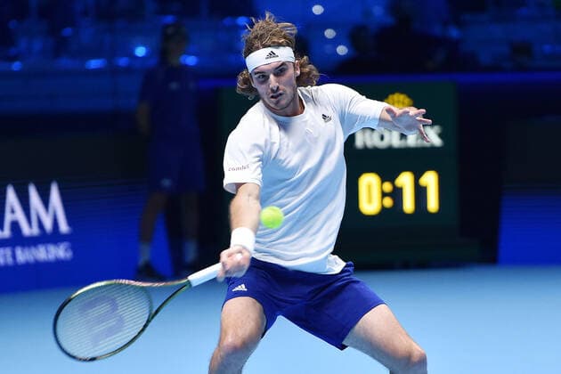 Tennis, ATP Finals in Turin, Stefanos Tsitsipas - Andrey Rublev November 15, 2021, Torino, Italia: Stefanos Tsitsipas Of Greece returns the ball during the match against Andrej RublÃ«v of Russia at the Nitto ATP, Tennis Herren Finals in Turin, Italy, 14 November 2021.ANSA ALESSANDRO DI MARCO Tennis: Nitto ATP Finals in Turin  - ZUMAa110 20211115_zaf_a110_093 Copyright: xAlessandroxDixMarcox
