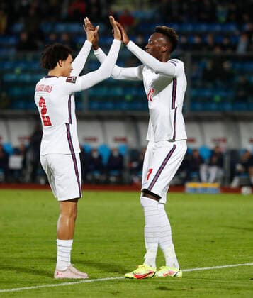 Fußball, WM Quali, San Marino - England San Marino v England 2022 FIFA World Cup, WM, Weltmeisterschaft, Fussball Qualifiers Tammy Abraham of England celebrates scoring his sides 9th goal during the 2022 FIFA World Cup Qualifiers Group I match at Stadio Olimpico di Serravalle, Serravalle Content Not Available For UK Newspapers Copyright: xPaulxChestertonx FIL-16117-0104