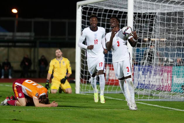 Fußball, WM Quali, San Marino - England San Marino v England 2022 FIFA World Cup, WM, Weltmeisterschaft, Fussball Qualifiers Bukayo Saka of England celebrates scoring his sides 10th goal during the 2022 FIFA World Cup Qualifiers Group I match at Stadio Olimpico di Serravalle, Serravalle Content Not Available For UK Newspapers Copyright: xPaulxChestertonx FIL-16117-0115