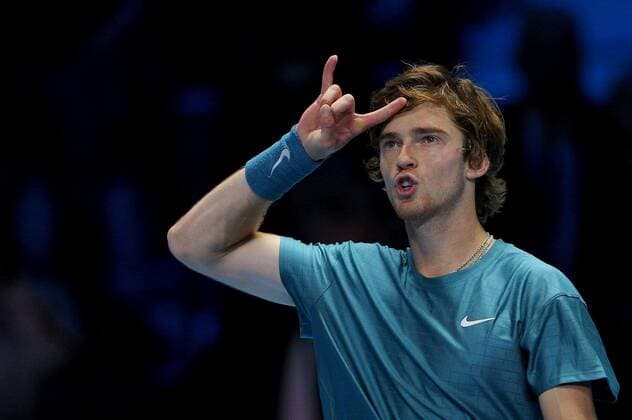 Mandatory Credit: Photo by Ella Ling Shutterstock (12603333cu) Andrey Rublev of Russia celebrates Nitto ATP, Tennis Herren World Tour Finals, Day 2, Tennis, Pala Alpitour, Turin, Italy - 15 Nov 2021 Nitto ATP World Tour Finals, Day 2, Tennis, Pala Alpitour, Turin, Italy - 15 Nov 2021  Copyright: xEllaxLing Shutterstockx 12603333cu