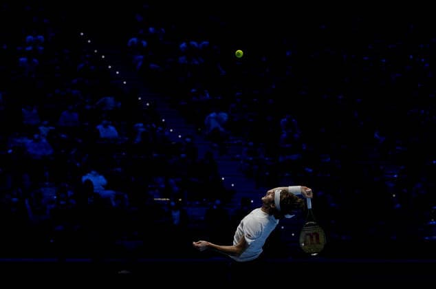 Mandatory Credit: Photo by Ella Ling Shutterstock (12603333cp) Stefanos Tsitsipas of Greece in action Nitto ATP, Tennis Herren World Tour Finals, Day 2, Tennis, Pala Alpitour, Turin, Italy - 15 Nov 2021 Nitto ATP World Tour Finals, Day 2, Tennis, Pala Alpitour, Turin, Italy - 15 Nov 2021  Copyright: xEllaxLing Shutterstockx 12603333cp