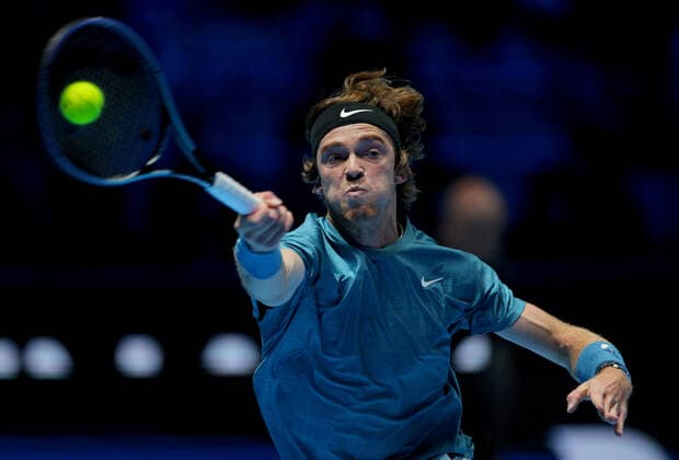 Mandatory Credit: Photo by Ella Ling Shutterstock (12603333dw) Andrey Rublev of Russia in action Nitto ATP, Tennis Herren World Tour Finals, Day 2, Tennis, Pala Alpitour, Turin, Italy - 15 Nov 2021 Nitto ATP World Tour Finals, Day 2, Tennis, Pala Alpitour, Turin, Italy - 15 Nov 2021  Copyright: xEllaxLing Shutterstockx 12603333dw