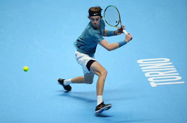Mandatory Credit: Photo by Ella Ling Shutterstock (12603333dq) Andrey Rublev of Russia in action Nitto ATP, Tennis Herren World Tour Finals, Day 2, Tennis, Pala Alpitour, Turin, Italy - 15 Nov 2021 Nitto ATP World Tour Finals, Day 2, Tennis, Pala Alpitour, Turin, Italy - 15 Nov 2021  Copyright: xEllaxLing Shutterstockx 12603333dq