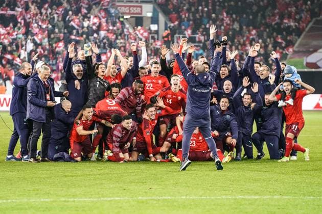 Sport Bilder des Tages 15.11.2021, Luzern, Swissporarena, WM-Qualification: Switzerland - Bulgaria, Team Switzerland celebrates victory and goes to WM 2022 in Qatar Luzern Swissporarena Luzern Schweiz Copyright: xJustPictures.ch VedranxGalijasx