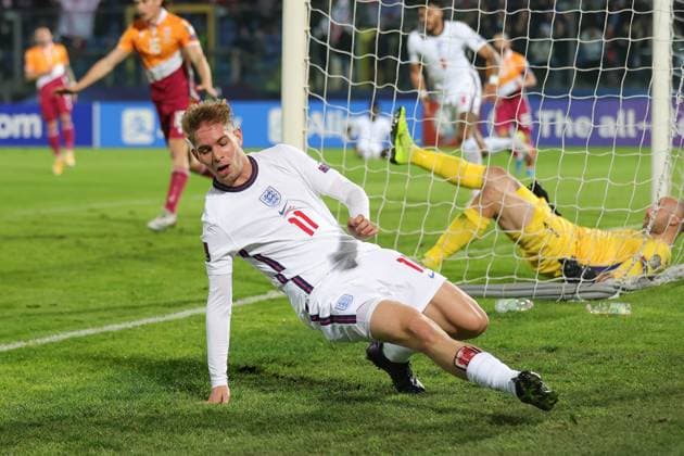 San Marino v England FIFA World Cup, WM, Weltmeisterschaft, Fussball Qualifier 15 11 2021. Emile Smith Rowe of England comes close to scoring in the first half during the FIFA World Cup Qualifier match between San Marino and England at Stadio Olimpico, Serravalle, San Marino on 15 November 2021. Editorial use only , Copyright: xNigelxKeenex PSI-14035-0075