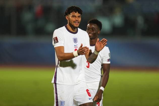 San Marino v England FIFA World Cup, WM, Weltmeisterschaft, Fussball Qualifier 15 11 2021. Tyrone Mings (6) of England celebrates at full time during the FIFA World Cup Qualifier match between San Marino and England at Stadio Olimpico, Serravalle, San Marino on 15 November 2021. Editorial use only , Copyright: xNigelxKeenex PSI-14035-0099