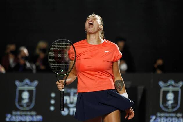 Aryna Sabalenka of Belarus reacts against Maria Sakkari of Greece, during a match at the AKRON WTA, Tennis Damen Finals tournament in Guadalajara, Mexico, 15 November 2021. AKRON WTA Finals of Guadalajara !ACHTUNG: NUR REDAKTIONELLE NUTZUNG!  Copyright: xFranciscoxGuascox AME7672 20211116-904d952dc5293e199d4d0bd4a3fe7087a26689c8