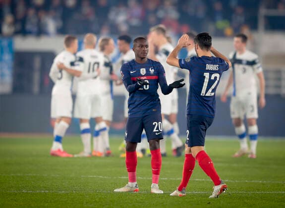Fußball, WM Quali, Finnland - Frankreich Moussa Diaby of France and Léo Dubois of France during their FIFA World Cup, WM, Weltmeisterschaft, Fussball Qualifier group D match Finland - France at the Helsinki Olympic Stadium on 16 November 2021 in Helsinki, Finland. (Tomi Hänninen Newspix24)  Copyright: xKallexParkkinenx np2416435213242