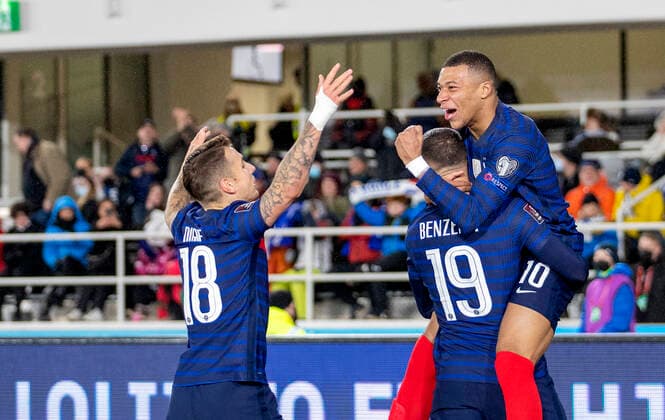 NO SALES IN FINLAND World Cup Qualification 16.11.2021. Kylian Mbappe, Lucas Digne and Karim Benzema celebrate Benzemas goal vs Finland. FOOTBALL : Finlande vs France - Qualification coupe du monde 2023 - 16 11 2021 JussiEskola Panoramic 