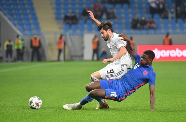 (211117) -- BATUMI, Nov. 17, 2021 -- Giorgi Guliashvili (L) of Georgia vies with Clinton Mola of England during the U21, U 21 International Friendly, Länderspiel, Nationalmannschaft match between Georgia and England in Batumi, Georgia, Nov. 16, 2021. (Photo by Xinhua) (SP)GEORGIA-BATUMI-FOOTBALL-U21 INTERNATIONAL FRIENDLY MATCH-GEORGIA VS ENGLAND TamunaxKulumbegashvili 