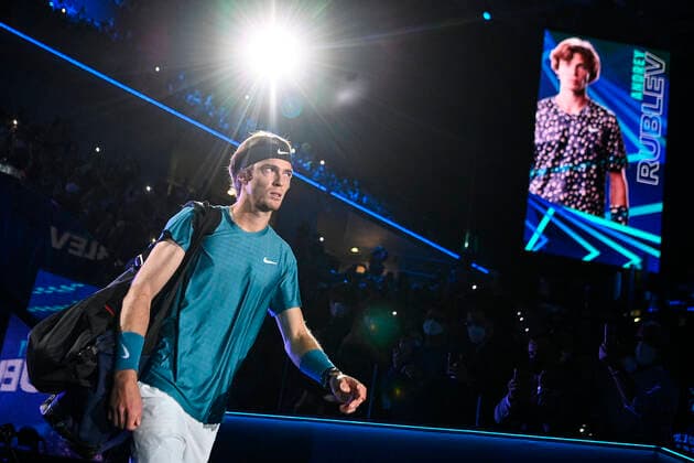Photo Marco Alpozzi LaPresse November 17, 2021 Turin (Italy) Tennis Nitto ATP, Tennis Herren Finals - men s singles - Round Robin Novak Djokovic Vs Andrey Rublev In the pic:Andrey Rublev (Russia)  Copyright: xMarcoxAlpozzi LaPressex