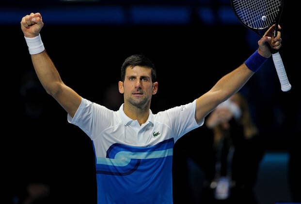 Mandatory Credit: Photo by Ella Ling Shutterstock (12603433s) Novak Djokovic of Serbia celebrates Nitto ATP, Tennis Herren World Tour Finals, Day 4, Tennis, Pala Alpitour, Turin, Italy - 17 Nov 2021 Nitto ATP World Tour Finals, Day 4, Tennis, Pala Alpitour, Turin, Italy - 17 Nov 2021 Copyright: xEllaxLing Shutterstockx 12603433s
