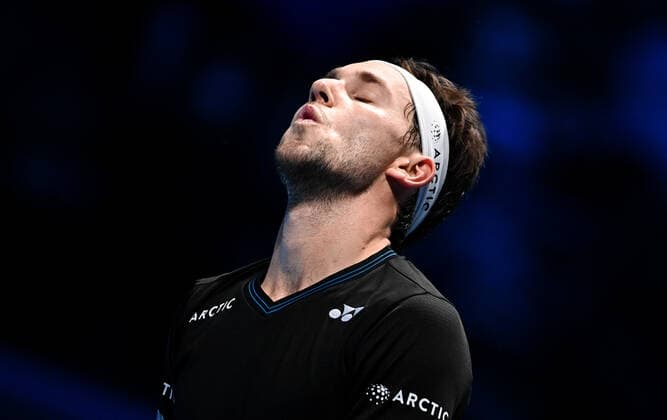 Italy Tennis ATP, Tennis Herren Finals 6698115 17.11.2021 Norway s Casper Ruud reacts during his first round singles tennis match of the ATP Finals against Britain s Cameron Norrie at the Pala Alpitour venue in Turin, Italy. Alexey Filippov Sputnik Turin Italy  Copyright: xAlexeyxFilippovx