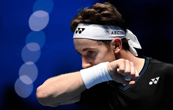 Italy Tennis ATP, Tennis Herren Finals 6698121 17.11.2021 Norway s Casper Ruud reacts during his first round singles tennis match of the ATP Finals against Britain s Cameron Norrie at the Pala Alpitour venue in Turin, Italy. Alexey Filippov Sputnik Turin Italy  Copyright: xAlexeyxFilippovx