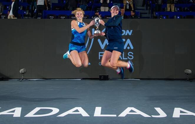 Mandatory Credit: Photo by Rob Prange Shutterstock (12596816v) Barbora Krejcikova of the Czech Republic & Katerina Siniakova of the Czech Republic with the champions trophy after the doubles final of the 2021 Akron WTA, Tennis Damen Finals Guadalajara WTA tennis tournament Akron WTA Finals, Day 8, Tennis, Panamerican Tennis Center Guadalajara, Mexico - 17 Nov 2021 Akron WTA Finals, Day 8, Tennis, Panamerican Tennis Center Guadalajara, Mexico - 17 Nov 2021  Copyright: xRobxPrange Shutterstockx 12596816v