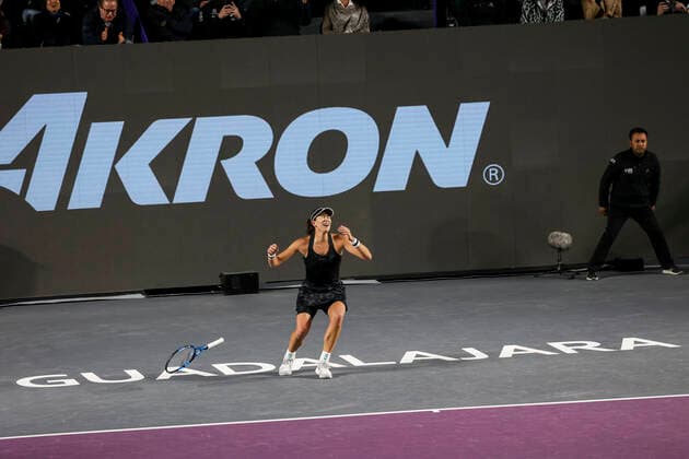 (211118) -- GUADALAJARA, Nov. 18, 2021 -- Spain s Garbine Muguruza celebrates after winning the women s singles final between Spain s Garbine Muguruza and Estonia s Anett Kontaveit at the AKRON WTA, Tennis Damen Finals in Guadalajara, Mexico, on Nov. 17, 2021. (Photo by Jorge Reyes Xinhua) (SP)MEXICO-GUADALAJARA-TENNIS-WTA FINALS-SINGLES XinxYuewei 