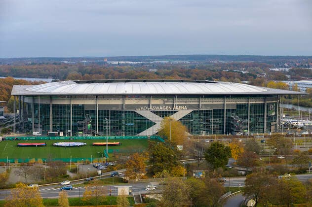 Uebersicht Volkswagen Arena, Aussenansicht, Fussball Laenderspiel, WM Qualifikation Gruppe J Spieltag 9, Deutschland (GER) - Liechtenstein (LIE) 9:0, am 11.11.2021 in Wolfsburg Deutschland. Â