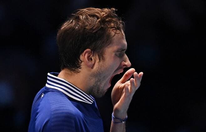 Italy Tennis ATP, Tennis Herren Finals Zverev - Hurkacz 6699205 18.11.2021 Russia s Daniil Medvedev reacts during the group stage singles tennis match of the ATP Finals against Italy s Jannik Sinner at the Pala Alpitour venue in Turin, Italy. Alexey Filippov Sputnik Turin Italy  Copyright: xAlexeyxFilippovx