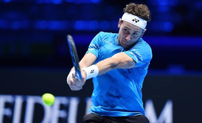 November 19, 2021, Turin, Italy: Casper Ruud of Norway returns the ball during the match against Andrey Rublev of Russia at the Nitto ATP, Tennis Herren Finals in Turin, Italy, 19 November 2021.ANSA ALESSANDRO DI MARCO ATP Finals in Turin  - ZUMAa110 20211119_zaf_a110_038 Copyright: xAlessandroxDixMarcox