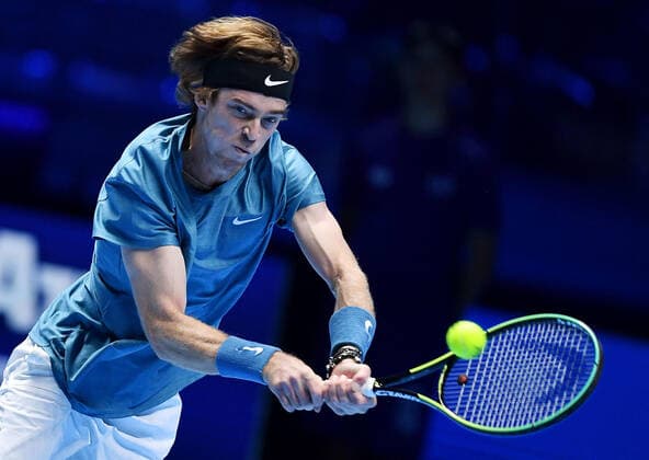 November 19, 2021, Turin, Italy: Andrey Rublev of Russia returns the ball during the match against Casper Ruud of Norway at the Nitto ATP, Tennis Herren Finals in Turin, Italy, 19 November 2021.ANSA ALESSANDRO DI MARCO ATP Finals in Turin  - ZUMAa110 20211119_zaf_a110_039 Copyright: xAlessandroxDixMarcox