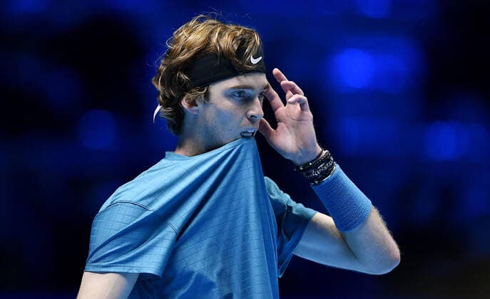 November 19, 2021, Turin, Italy: Andrey Rublev of Russia reacts during the match against Casper Ruud of Norway at the Nitto ATP, Tennis Herren Finals in Turin, Italy, 19 November 2021.ANSA ALESSANDRO DI MARCO Turin Italy - ZUMAa110 20211119_zaf_a110_041 Copyright: xAlessandroxDixMarcox