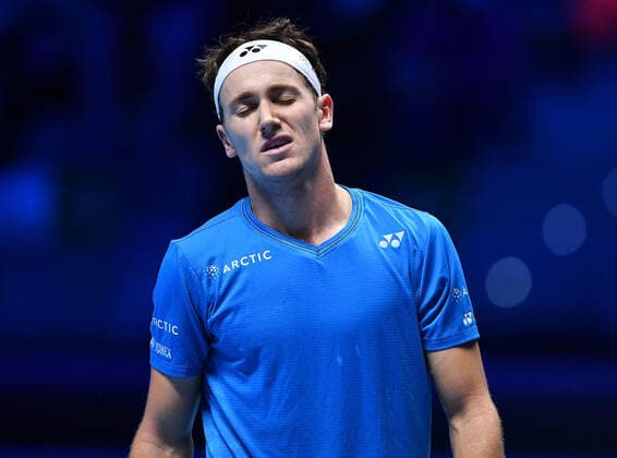 November 19, 2021, Turin, Italy: Casper Ruud of Norway reacts during the match against Andrey Rublev of Russia at the Nitto ATP, Tennis Herren Finals in Turin, Italy, 19 November 2021.ANSA ALESSANDRO DI MARCO Turin Italy - ZUMAa110 20211119_zaf_a110_042 Copyright: xAlessandroxDixMarcox