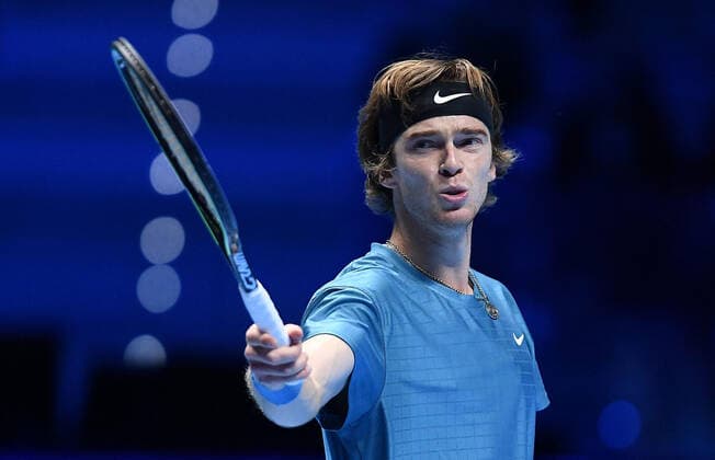 November 19, 2021, Turin, Italy: Andrey Rublev of Russia reacts during the match against Casper Ruud of Norway at the Nitto ATP, Tennis Herren Finals in Turin, Italy, 19 November 2021.ANSA ALESSANDRO DI MARCO Turin Italy - ZUMAa110 20211119_zaf_a110_043 Copyright: xAlessandroxDixMarcox