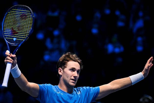 Photo Marco Alpozzi LaPresse November 19, 2021 Turin (Italy) Tennis Nitto ATP, Tennis Herren Finals - men s singles - Round Robin Andrey Rublev Vs Casper Ruud In the pic: Casper Ruud (Norway) celebrating victory  Copyright: xMarcoxAlpozzi LaPressex