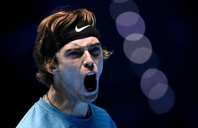 Italy Tennis ATP, Tennis Herren Finals 6699833 19.11.2021 Russia s Andrey Rublev reacts during the group stage singles tennis match of the ATP Finals against Norway s Casper Ruud at the Pala Alpitour venue in Turin, Italy. Alexey Filippov Sputnik Turin Italy  Copyright: xAlexeyxFilippovx