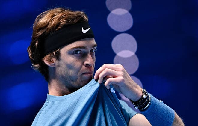 Italy Tennis ATP, Tennis Herren Finals 6699846 19.11.2021 Russia s Andrey Rublev reacts during the group stage singles tennis match of the ATP Finals against Norway s Casper Ruud at the Pala Alpitour venue in Turin, Italy. Alexey Filippov Sputnik Turin Italy  Copyright: xAlexeyxFilippovx