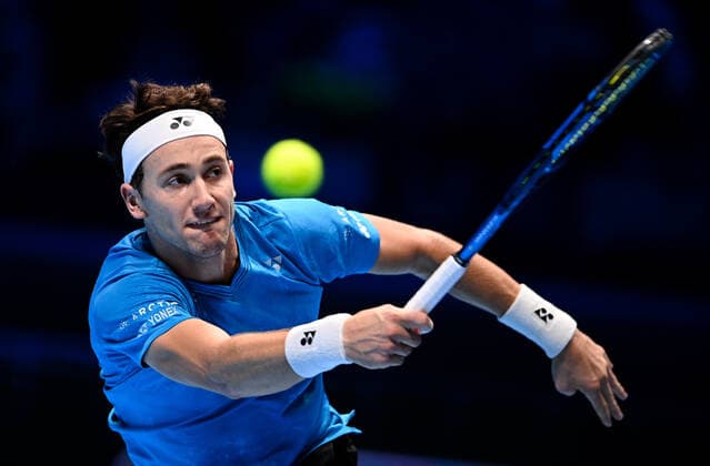 Italy Tennis ATP, Tennis Herren Finals 6699993 19.11.2021 Norway s Casper Ruud returns a shot during the group stage singles tennis match of the ATP Finals against Russia s Andrey Rublev at the Pala Alpitour venue in Turin, Italy. Alexey Filippov Sputnik Turin Italy  Copyright: xAlexeyxFilippovx
